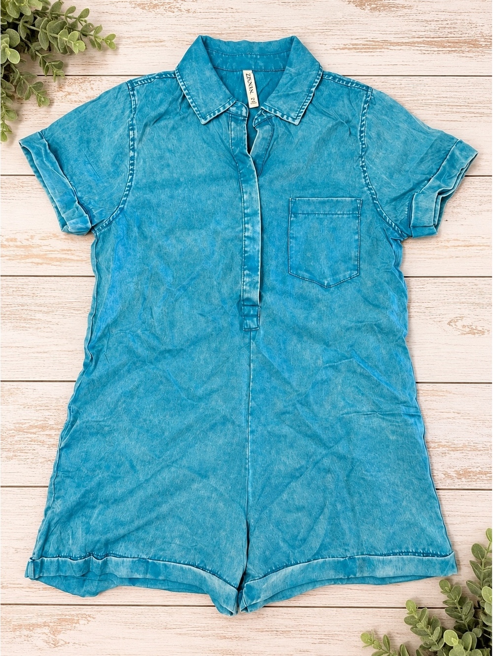 Zenana Teal Mineral Wash Tencel Romper Size Medium Short Sleeve Utility Jumpsuit